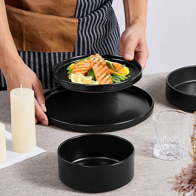 Herogo Dinnerware Sets with Pasta Bowls for 2 8 Piece Dinner Salad Plates and Cereal Bowls Stoneware Serving Dishes Dinner Ware for Home Kitchen Dishwasher &amp Microwave Safe Dishware Matte Blac