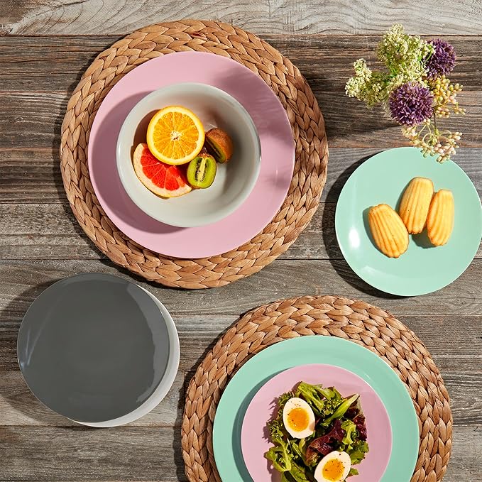 Tabletops Gallery 12 Piece Green Gray Pink Melamine Dinnerware Set Plates Bowls for Indoor Outdoor Use Service for 4 Pastel