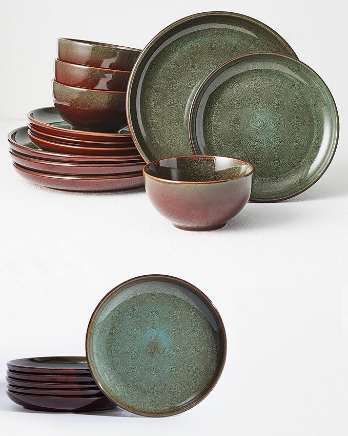 12 Piece Dinnerware Set Includes 6 Piece Salad Plate Set Combo Brown Green