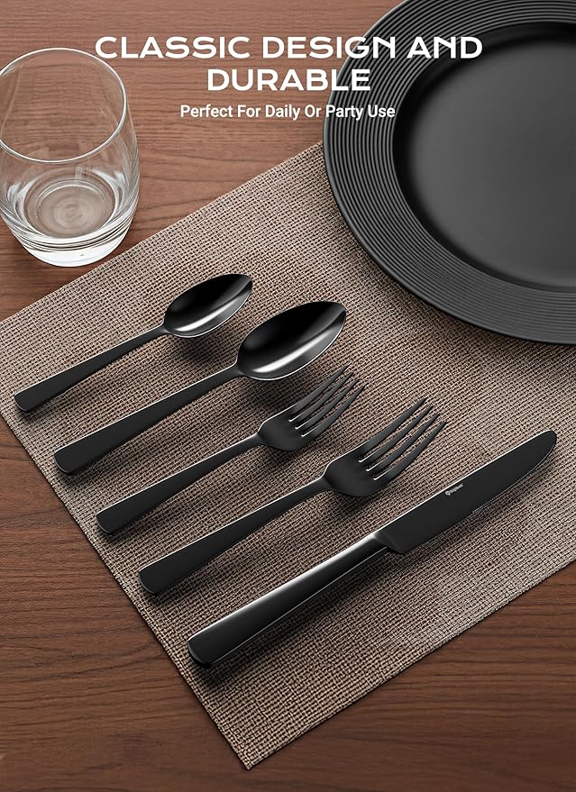 Black Silverware Set 45-Piece Flatware Set Service for 8 Durable Stainless Steel Mirror Polished Tableware Eating Cutlery Set Kitchen Utensils Set with Steak Knives Dishwasher Safe