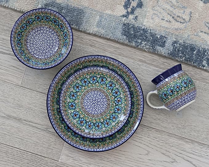 Blue Rose Polish Pottery - Green Mardi Gras 4 Piece Place Setting - Service for 1-1 Place Setting - Great for Everyday Dining Casual Dining or as Formal Dinnerware