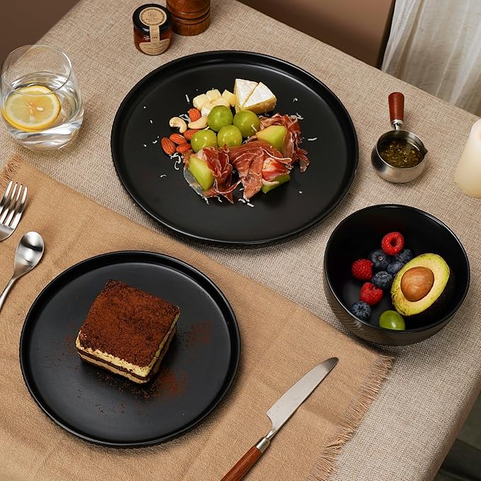 Matte Black Plates and Bowls Set 12pcs Stoneware Dinnerware Sets for 4 Dishwasher and Microwave Safe Ceramic Dishes Set Ribbed Obsidian Night