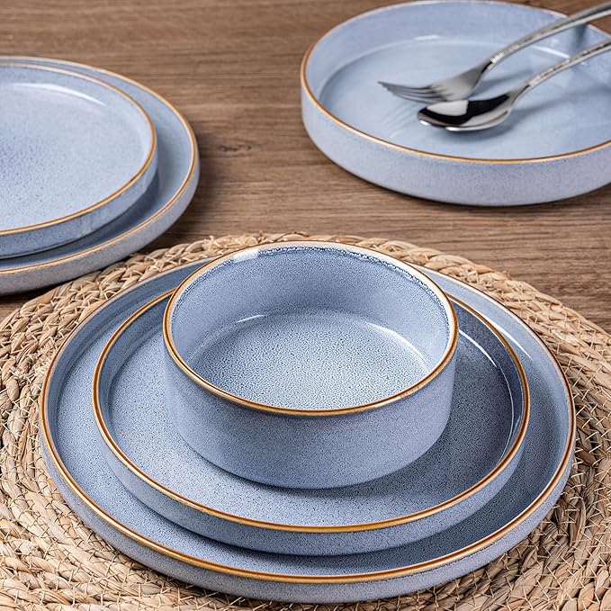 GBHOME Ceramic Dinnerware Sets for 4 12 Pieces Stoneware Plates and Bowls Sets Reactive Glaze Dishes -Scratch Resistant Dishwasher&ampMicrowave Safe-Brunnera Blue