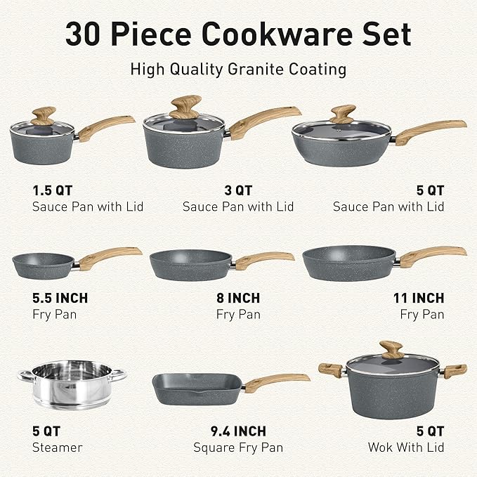 DishDelight Induction Pots and Pans Set Non Stick 30 Piece Nonstick Kitchen Cookware Sets Gray Cooking Pan Set PFOA &amp PFOS Free