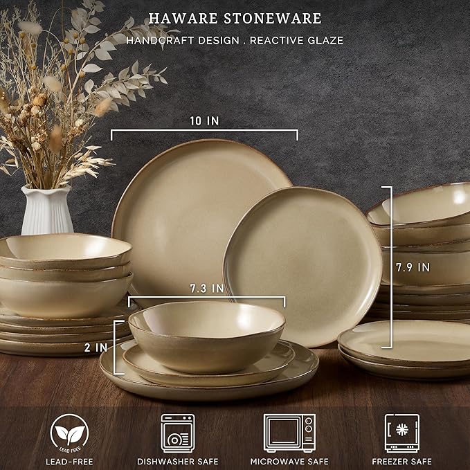 HaWare Dinnerware Sets 24-Piece Stoneware Plates and Bowls Set Dish Set for 8 Ceramic Dishware for Home Restaurant Chip and Scratch Resistant Microwave and Dishwasher Safe Reactive Sandy Khaki