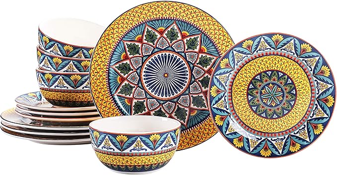 Bico Havana Ceramic 12 pcs Dinnerware Set Service for 4 Inclusive of 11 inch Dinner Plates 8.75 inch Salad Plates and 26oz Cereal Bowls for Party Microwave &amp Dishwasher Safe