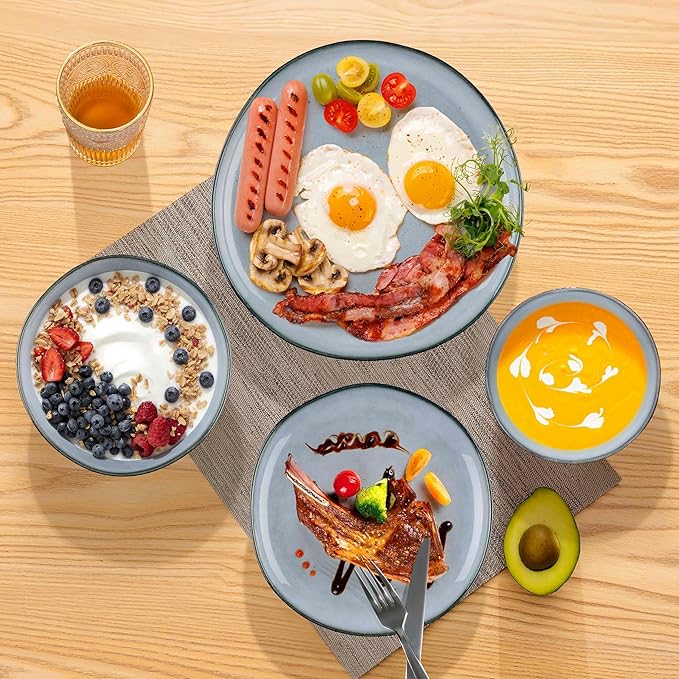 Herogo Stoneware Dinnerware Sets for 6 24 Piece Ceramic Dinner Dishes Set Irregular Handmade Plates and Bowls Dishware Crack and Scratch Resistant Reactive Glaze Smoky Blue