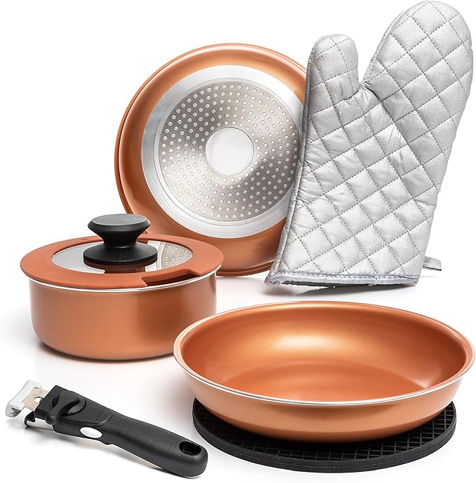 Moss &amp Stone Copper Pots And Pans Set Nonstick Removable Handle Cookware Stackable Pots And Pans Set Dishwasher safe Induction Pots And Pans Camping Cookware Set Aluminum (7 Pcs)