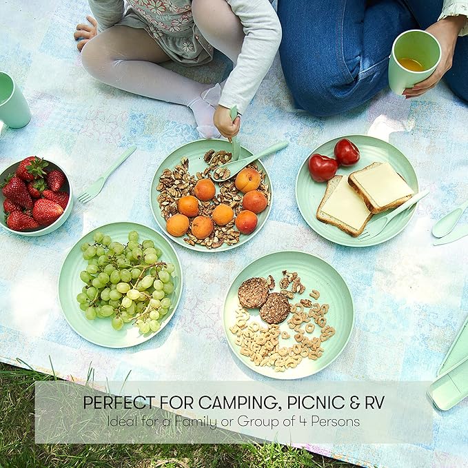Wheat Straw Dinnerware Sets | Unbreakable Dinnerware Sets | Dishwasher Microwave Safe Dinnerware | Eco Friendly Non Breakable Dinnerware Sets | RV Outdoor Camping (Green Service for 4 (28 pcs))