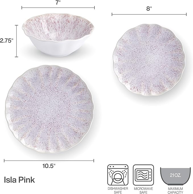 Mikasa Isla Hand Crafted 12 Piece Plates Bowls Dinnerware Set Service for 4 Pink