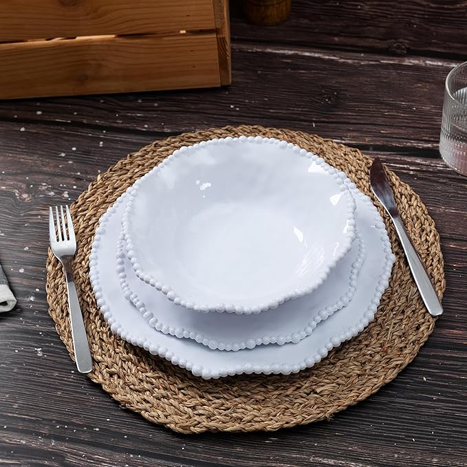 White Beaded Melamine Dinnerware Set 18 piece Dishwasher Safe Plates and Bowls for Dining Parties Camping Dish Set