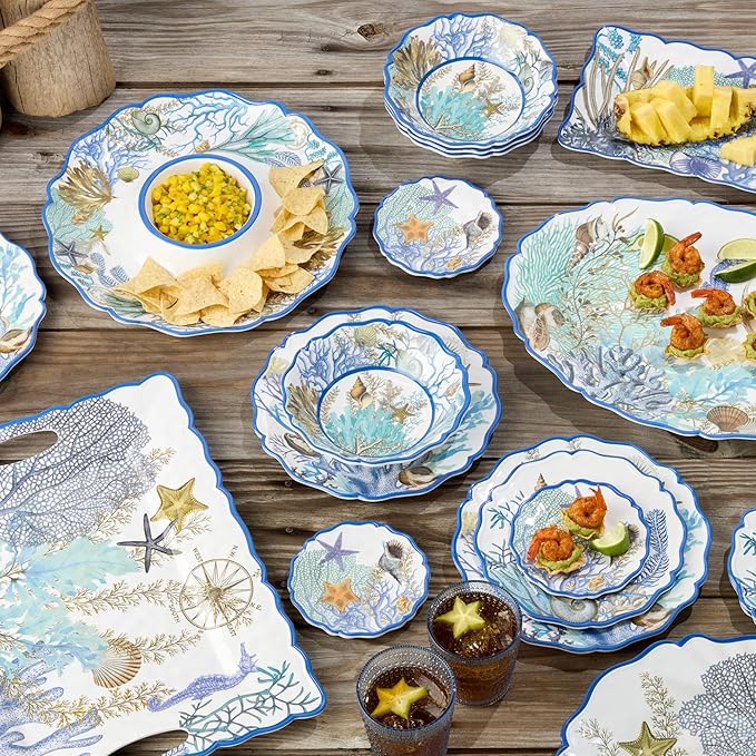 Blue Lagoon Melamine 12-Piece Dinnerware Set – Coastal Coral and Shell Design Service for 4 – 11 Dinner Plates 9 Salad Plates and 28oz Bowls – Durable Lightweight BPA-Free Dishwasher SafE