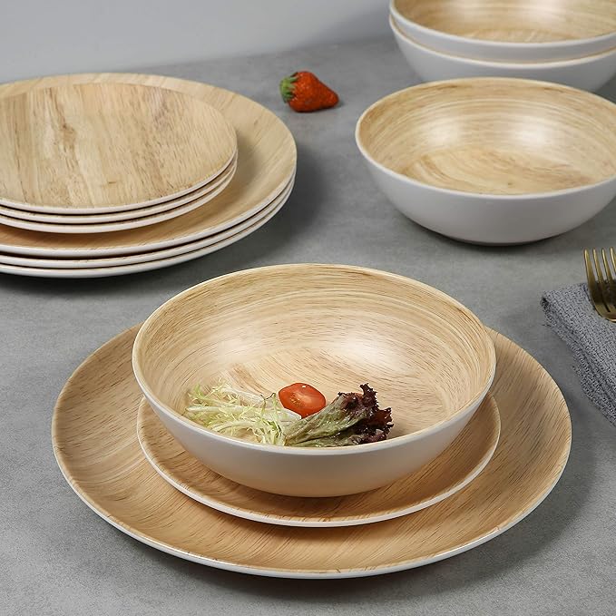 Melamine Dinnerware Set - 12pcs dinnerware set Indoor and Outdoor use Bamboo Pattern Dishes Dinnerware Set for 4Dishwasher Safe (Wood Grain)