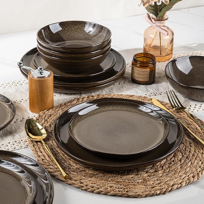 AmorArc Ceramic Dinnerware SetsHandmade Reactive Glaze Stoneware Plates and Bowls SetsHighly Scratch Resistant | Dishwasher &amp Microwave Safe Dishes SetService for 4 (12pc)