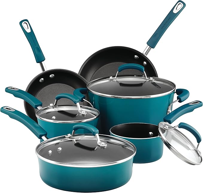 Rachael Ray Brights Nonstick Cookware Pots and Pans Set 10 Piece Marine Blue