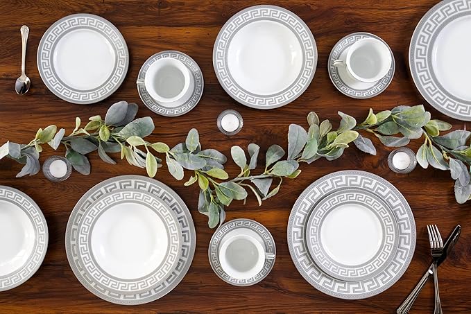 Dinnerware Set for 4 - Silver on White Fine Porcelain 20 piece Tableware Setting for Every Day and Formal Occasions with Cups and Saucers