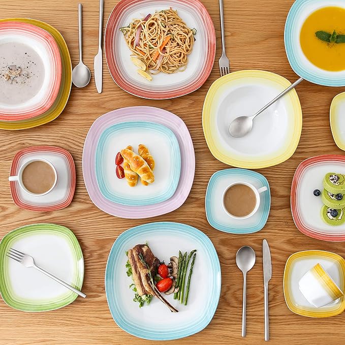 VEWEET Spark Series 30-Piece Dinner Set Ivory White China Ceramic Dinner Combi-Set with Dessert Plates/Soup Plates/Dinner Plates/Cups/Saucers Service for 6