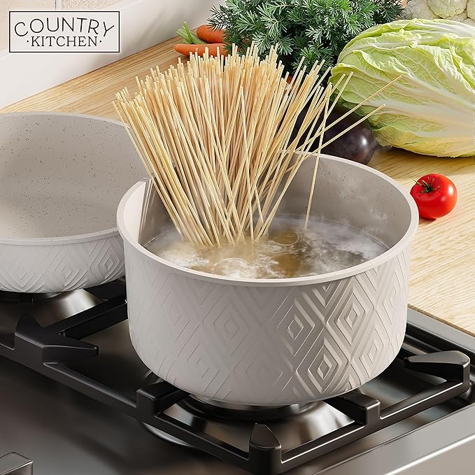Country Kitchen Cookware Set with Removable Handle Oven &amp RV Safe Pots and Pans Set Cream Rhombus Original