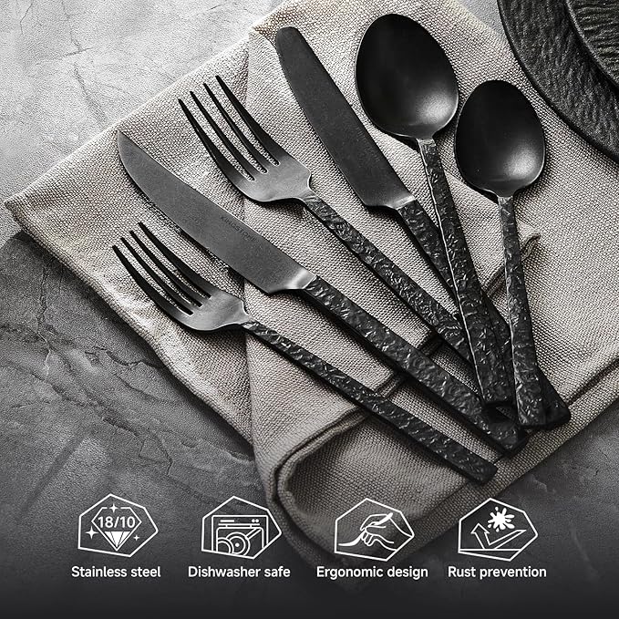 KINGSTONE 48 Pcs Black Hammered Silverware Set with Steak Knives for 8 18/10 Stainless Steel Heavy Duty Flatware Set Tableware Cutlery Utensil Sets for Home Restaurant Dishwasher Safe