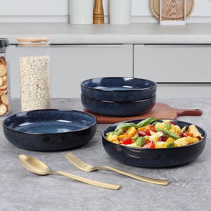 E-far Dinnerware Sets for 4 16-Piece Stoneware Plates and Bowls Set Reactive Glaze Dishes Dinning Ware Set Chip &amp Scratch Resistant Microwave &amp Dishwasher Safe - Deep Sea Blue