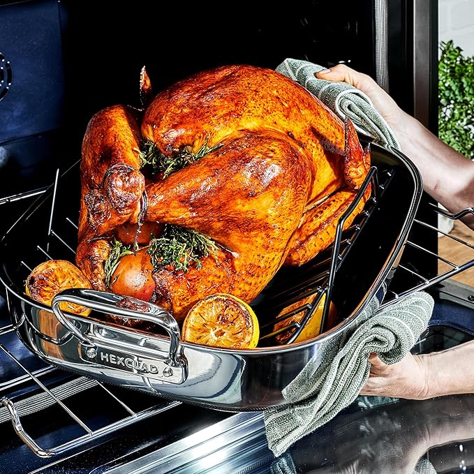 HexClad Hybrid Nonstick Roasting Pan with Rack Dishwasher-Friendly Oven-Safe Up to 900°F Compatible with All Cooktops
