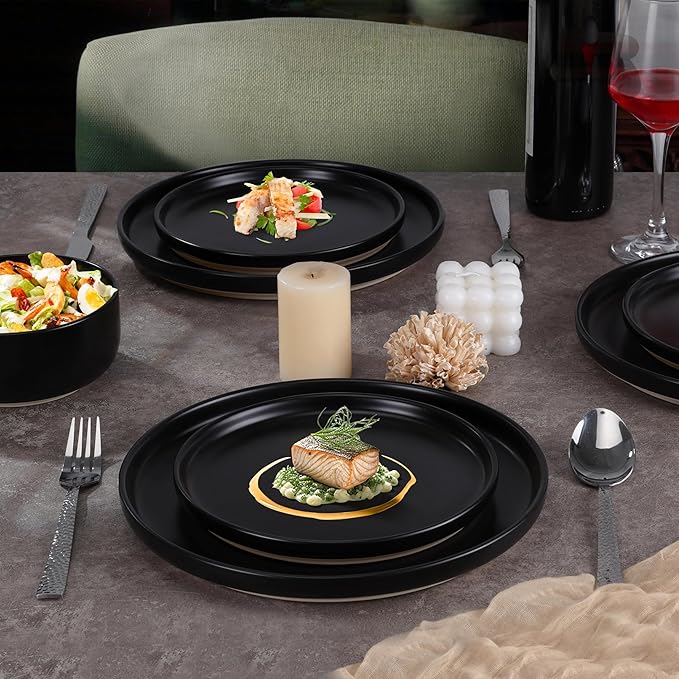 LIANYU 18PCS Dinnerware Plates and Bowls Sets Ceramic Dishes Set for 6 Stoneware Dinner Dessert Salad Plates Cereal Bowls Scratch Resistant Dishware Microwavable &amp Dishwasher Safe Matte Black