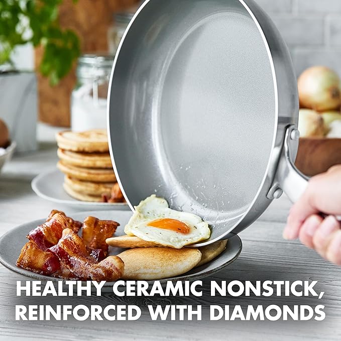 GreenPan Chatham Tri-Ply Stainless Steel 12 Piece Cookware Set PFAS-Free Pots and Pans Multiclad Induction Ready Fry Saute Sauce Pans Stockpot Dishwasher Safe Oven &amp Broiler Safe Silver