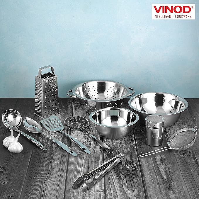 Vinod Stainless Steel Cookware Set 11-Piece Kitchen Starter Set Includes Mixing Bowls Set Stainless Steel Colander| Kitchen Food Strainer 4-Side Grater Serving Spoons Ladle &amp Utility Tongs