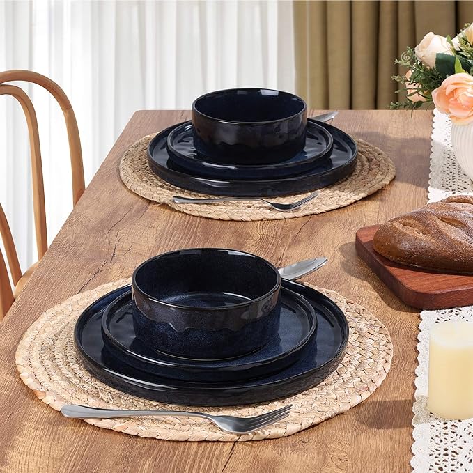 LIANYU Plates and Bowls Sets for 2 6 Piece Dish Dinnerware Sets Stoneware Kitchen Dinner Dishware Microwave &amp Dishwasher Safe Cetacean Blue