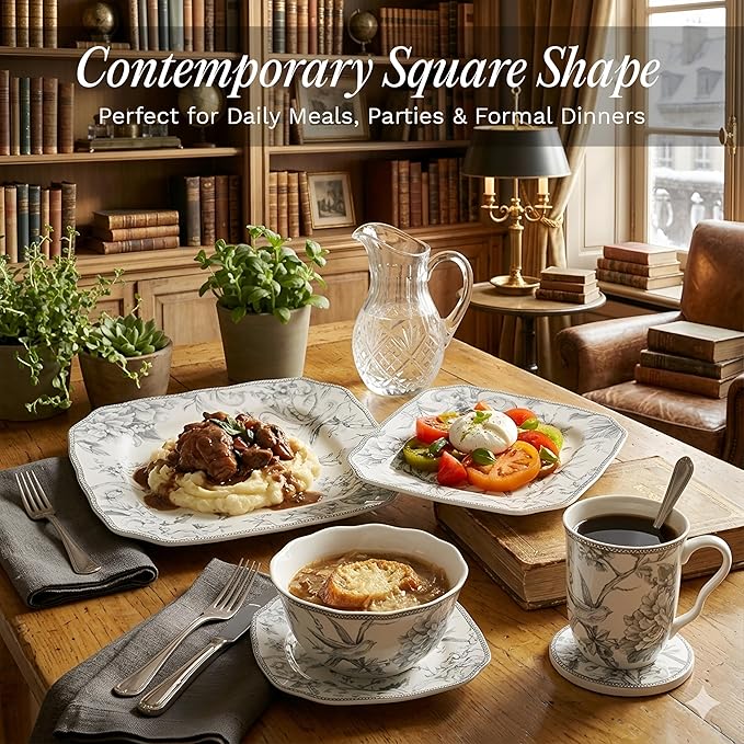 222 Fifth Adelaide 16-Piece Square Floral Dinnerware Set – Service for 4 Grey &amp White Porcelain Plates &amp Bowls for Everyday Dining &amp Entertainment Microwave &amp Dishwasher Safe Chip
