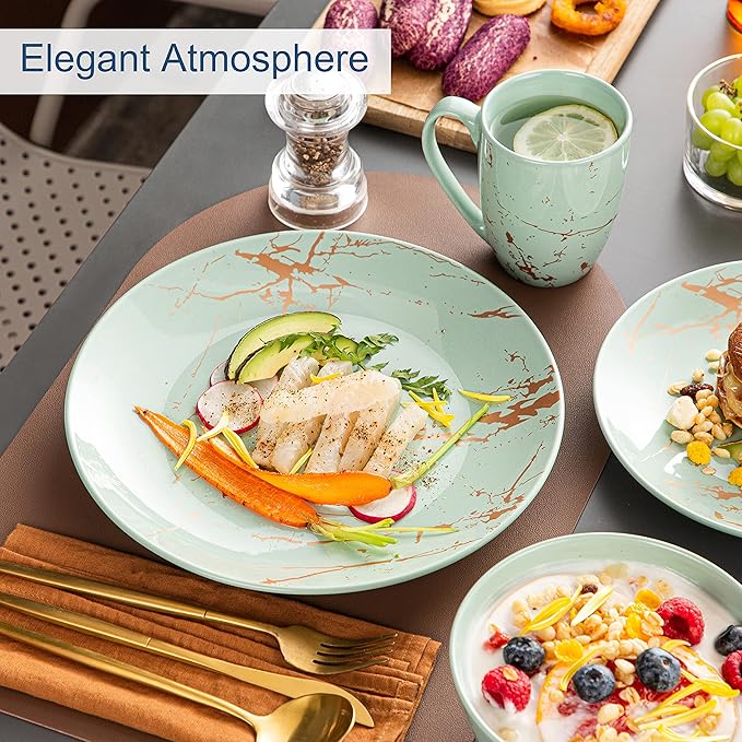 Ceramic Tableware Green 16/32/48 Piece Procelain Dinnerware Set Design by Gold Splash with Dinner PlateCake PlateBowlsCoffee Cups16-Piece