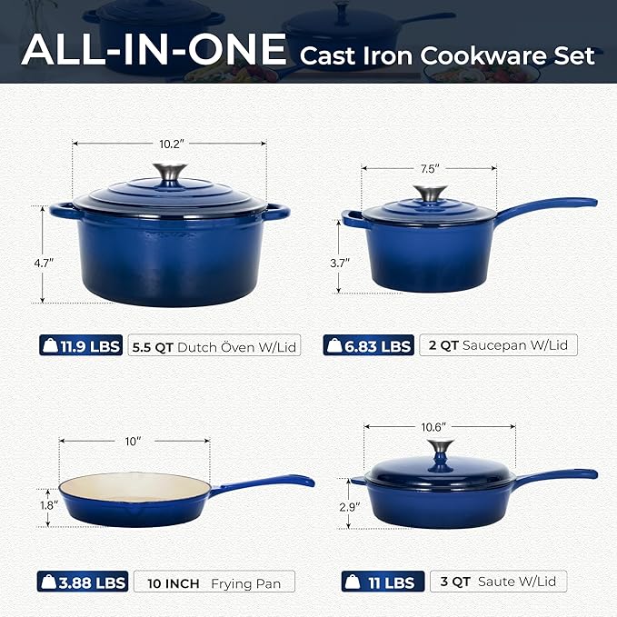 Kitchen Academy 7Pcs Enameled Cast Iron Cookware Sets - Non Toxic Pots and Pans Set Blue Induction Dutch Oven Set PFOA&ampPFAS Free
