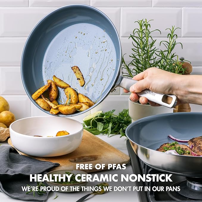 GreenPan Treviso 9.5” and 11” Frying Pan skillet Set Non-Toxic PFAS-Free Stainless Steel Ceramic Nonstick Coating Induction Suitable Multi Clad Pouring Rims Dishwasher &amp Oven Safe to 600°