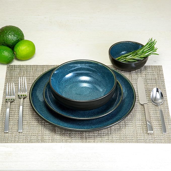 Sango 16-Piece Stoneware Dinnerware Set for 4 Glossy Black/Blue Big Dinner Plates and Bowls Sets with Reactive Glaze Ceramic Dish Set Modern Beautiful Dishes Microwave &amp Dishwasher Safe Reson