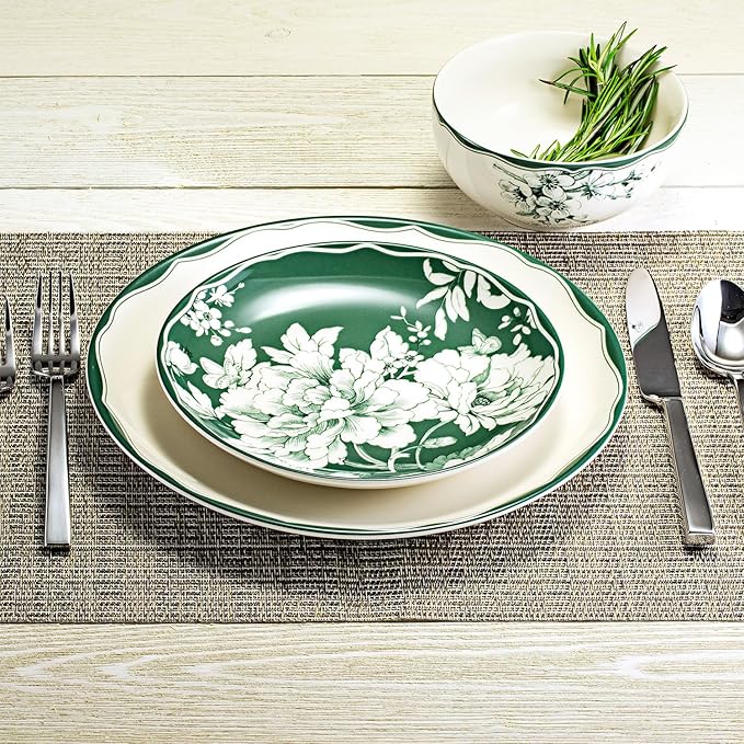 222 Fifth 12-Piece Porcelain Dinnerware Set for 4 White &amp Sage Green Plates and Bowls Set Glossy Ceramic Dish Set with Detailed Floral Design Microwave &amp Dishwasher Safe Dishes for Dining