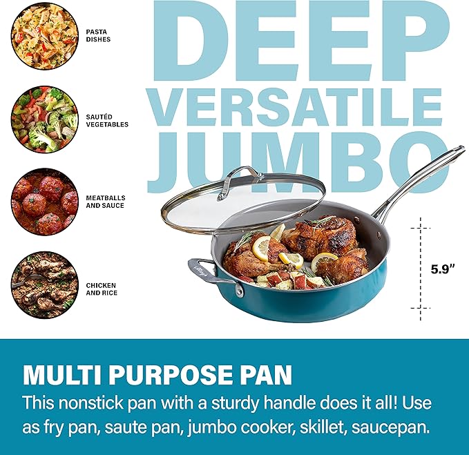 Gotham Steel Nonstick 5.5 Quart Sauté Pan with Lid Ceramic Jumbo Cooker Fry Pan with Glass Lid Stay Cool Handle + Helper Handle Oven Stovetop &amp Dishwasher Safe 100% PFOA Free Aqua Blue