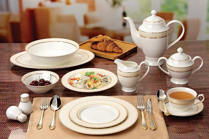 Lorenzo 57 Piece Elegant Bone China Service for 8 Margaret Dinnerware Sets Gold