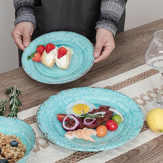 12-Piece Farmhouse Dinnerware Set set of 4 100% Melamine Dishes Serving Set with Plates and Bowls Non-breakable and Lightweight Dinner Set for indoor and outdoor entertaining Light Teal