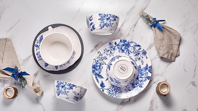 Bico Blue Floral Haven Ceramic 12 pcs Dinnerware Set Service for 4 Inclusive of 11 inch Dinner Plates 8.6 inch Salad Plates and 26oz Cereal Bowls for Party Microwave &amp Dishwasher Safe