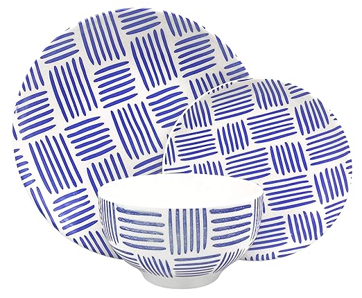 Melange Coupe 16-Piece Porcelain Dinnerware Set (Indigo Tally Marks Collection) | Service for 4 | Microwave Dishwasher &amp Oven Safe | Dinner Plate Salad Plate Soup Bowl &amp Mug (4 Each)