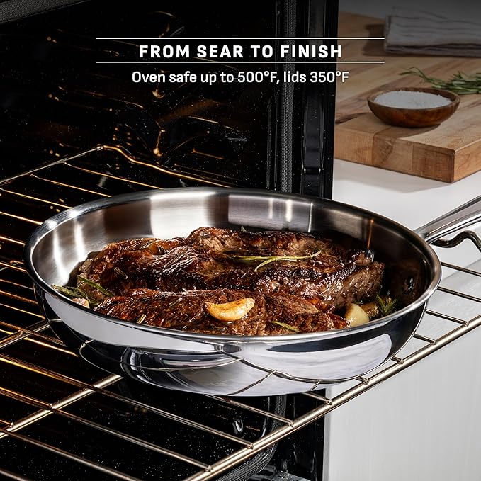 T-fal Pro Tri-Ply Stainless Steel Cookware Set 10 Piece-Induction Compatible Oven Safe 500F Lids-350F Even Heat Professional Quality Durable Induction Pots and Pans Set Silver
