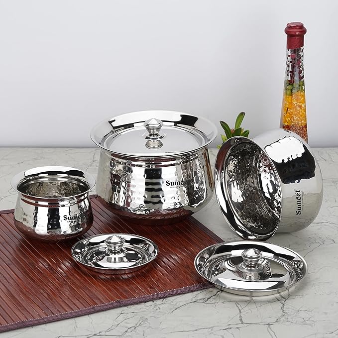 Sumeet Stainless Steel Handcrafted Hammered Texture Handi Set with Lid for Kitchen Set of 3 460ml 950ml &amp 1700ml Silver