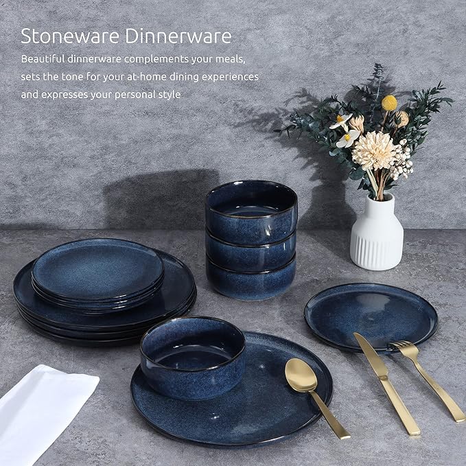 E-far Dinnerware Sets for 4 16-Piece Stoneware Plates and Bowls Set Reactive Glaze Dishes Dinning Ware Set Chip &amp Scratch Resistant Microwave &amp Dishwasher Safe - Deep Sea Blue