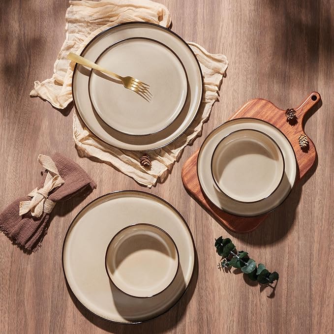E-far 12-Piece Plates and Bowls Set and 8” Ceramic Salad Plates Set of 6 Budnle Stoneware Dinnerware Sets for 4 Round Dessert Plate for Home Kitchen Restaurant Microwave &amp Dishwasher Safe