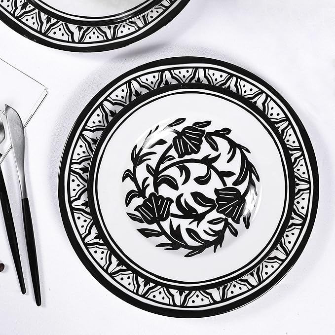 Melamine Dinnerware Sets-12pcs Melamine Plates and Bowls Set Unbreakable Dishwasher Safe Indoor Outdoor Use Ideals for Parties Camping Dish Set Black and White Pattern