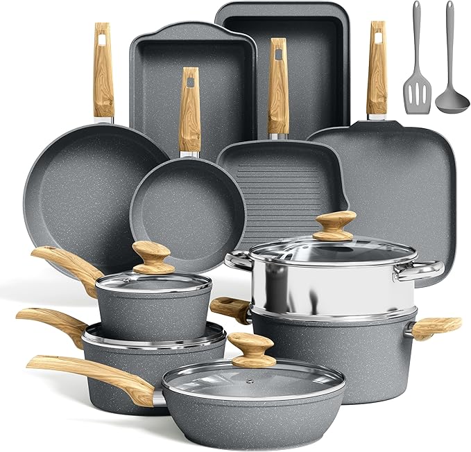 Kitchen Academy Granite Nonstick Cookware Set - 17 Piece Gray Cooking Pans Set Induction Pots and Pans Set Non Stick PFOA &amp PFOS Free.