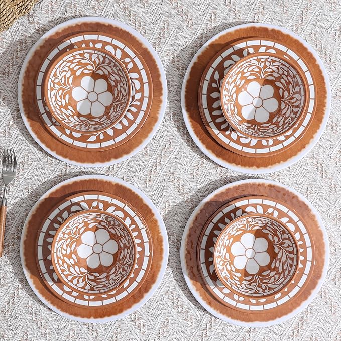 Melamine Plates and Bowls Set 12-Piece Melamine Dinnerware Set Dinner Serving Dishes Set for 4 Unbreakable Brown-Yellow