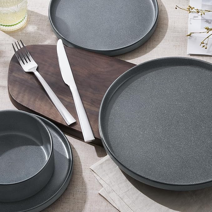 E-far Stoneware Dinnerware Sets for 4 12-Piece Reactive Glaze Plates and Bowls Sets Kitchen Ceramic Dishes Dinning Ware Microwave &amp Dishwasher Safe Deep Gray