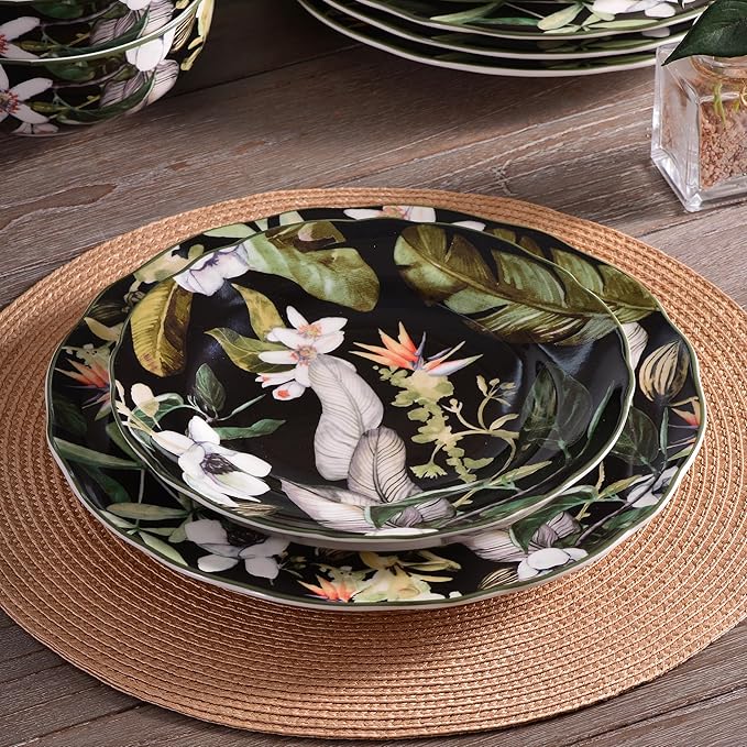 222 Fifth 12-Piece Porcelain Dinnerware Set for 4 Black &amp White Plates and Bowls Set with Tropical Floral Design Glossy Ceramic Dish Set Kitchen Tableware Microwave &amp Dishwasher Safe Born