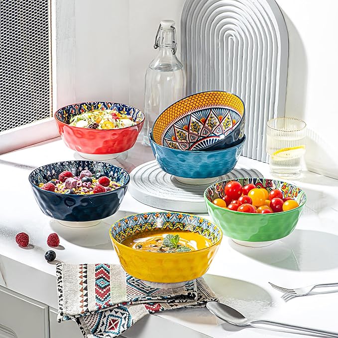 Bohemian Dinnerware Set – 24-Piece Porcelain Dinner Set with 6 Cereal Bowls 6 Dinner Plates 6 Salad Plates &amp 6 Coffee Mugs – Vibrant Hand-Painted Microwave &amp Dishwasher Safe